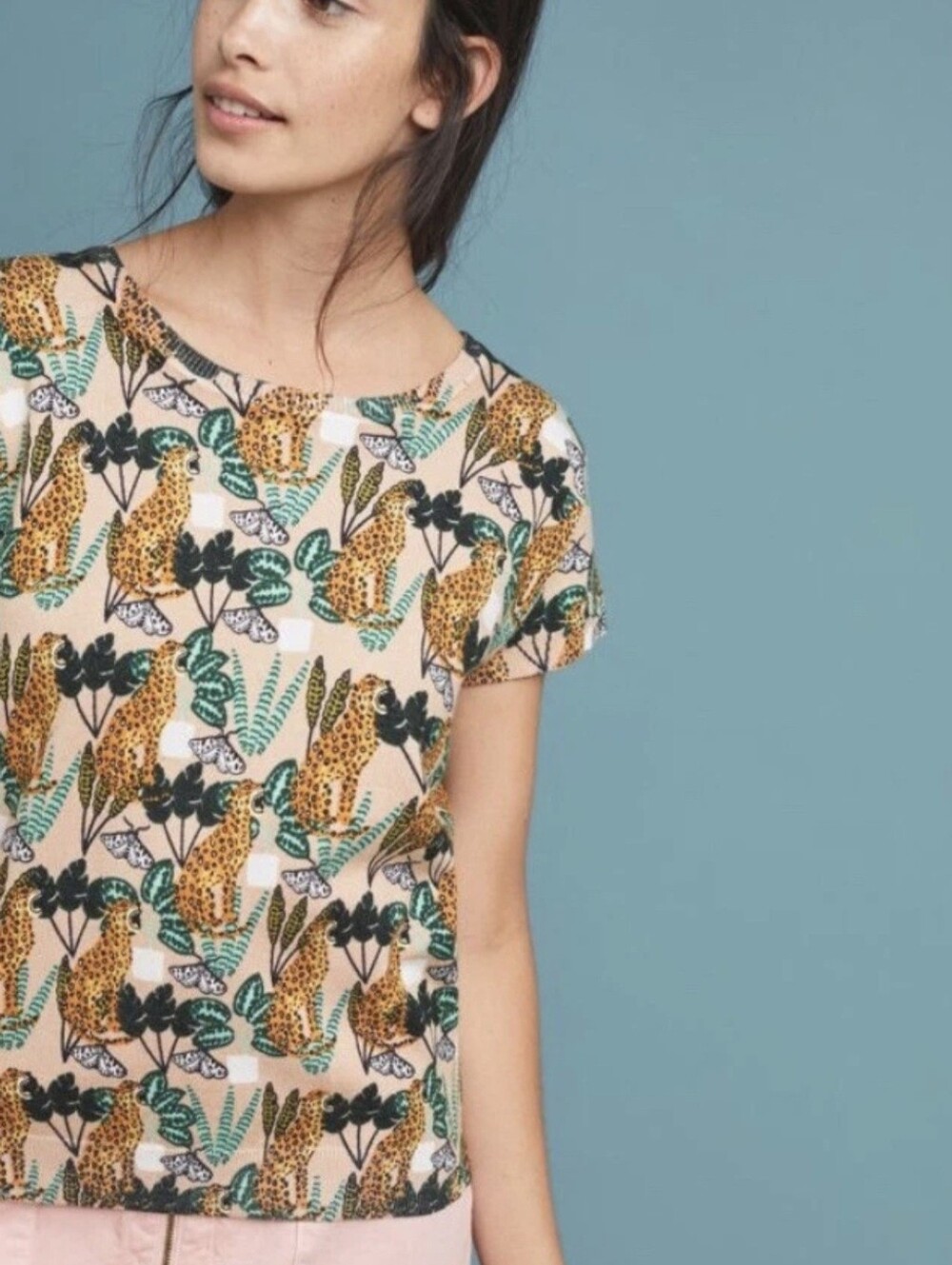 Pepaloves Anthropologie Leopard Plants Knit Short Sleeve Sweater Tee Size 3 US 8